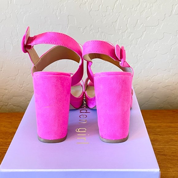 New Madden Girl 6.5 Platform Heels Sandals Pink Mine Fabric Faux Suede with Box - Picture 4 of 11